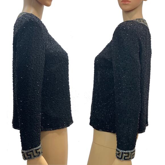 90s Y2K Black Heavily Beaded Silk Jacket Gold Silver Greek Key - Picture 9 of 10
